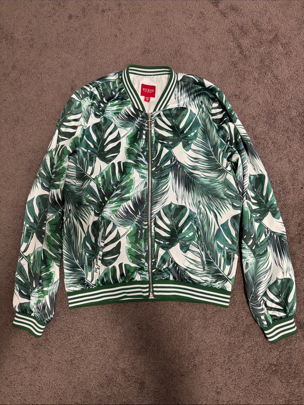 Guess Green and White Tropical Bomber Leaf Jacket